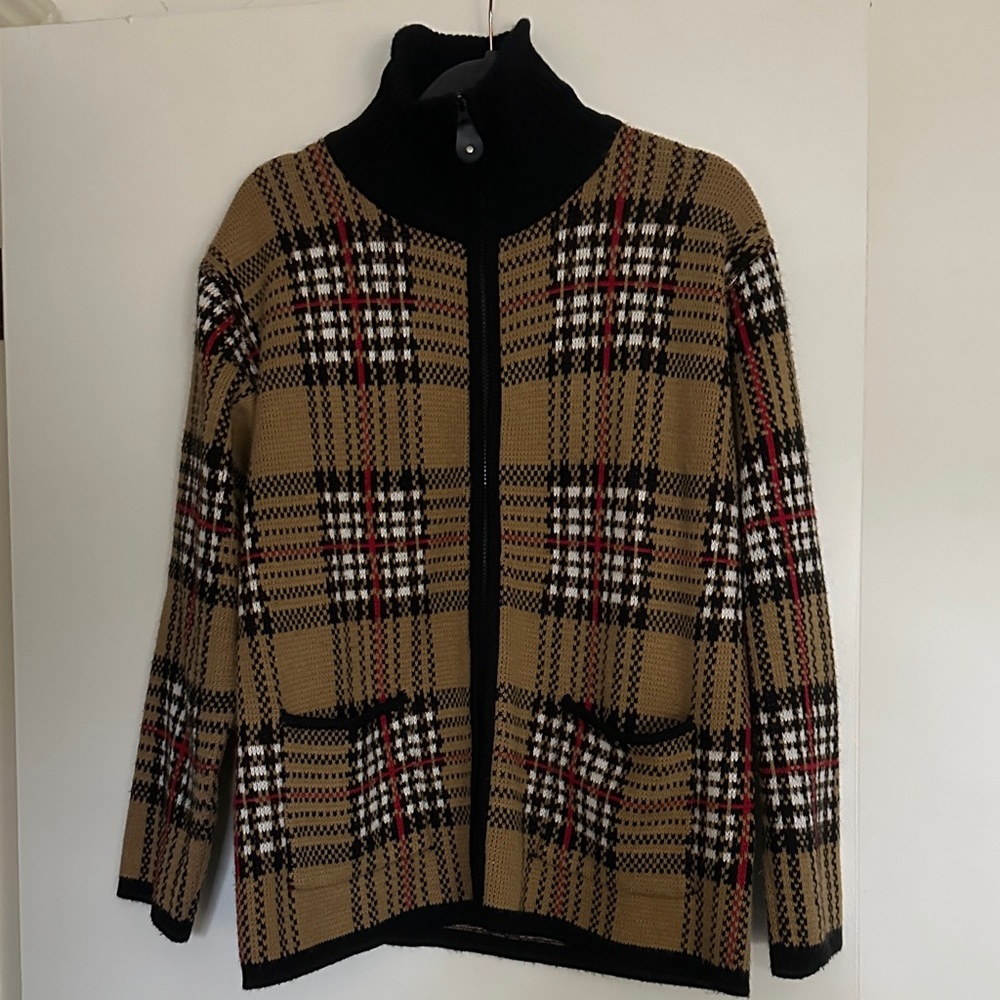 Tally Ho Plaid Cardigan in Black, Red, and Tan - Picture 3 of 3